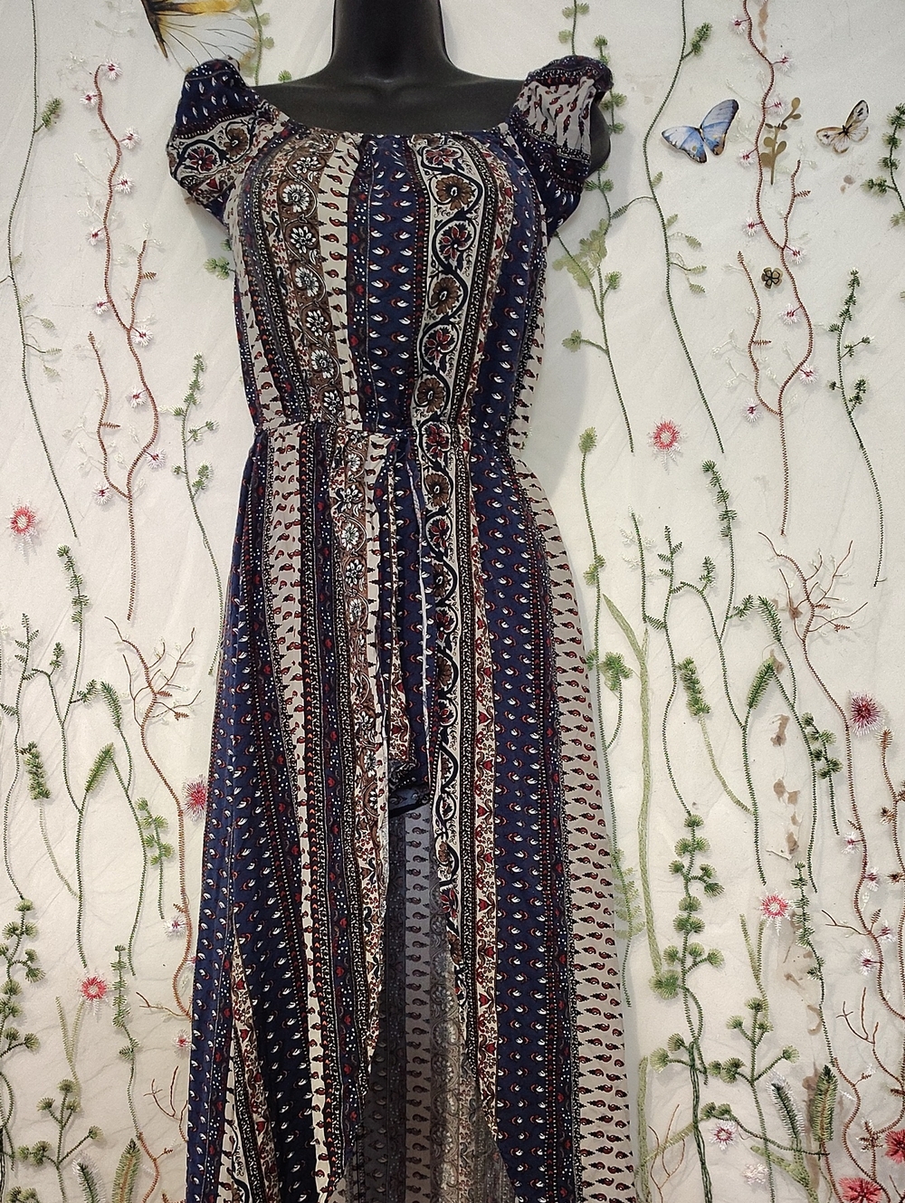Navy Printed Off-Shoulder Maxi Dress with Shorts &Tie Waist bohemian-style